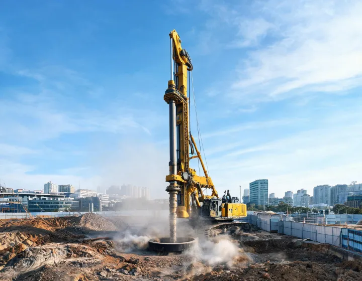 Rotary drill rig boring foundation piles on construction site