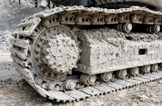 Rock drill undercarriage and track group close-up