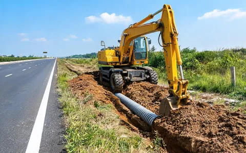 Drainage trenching beside highway shoulder