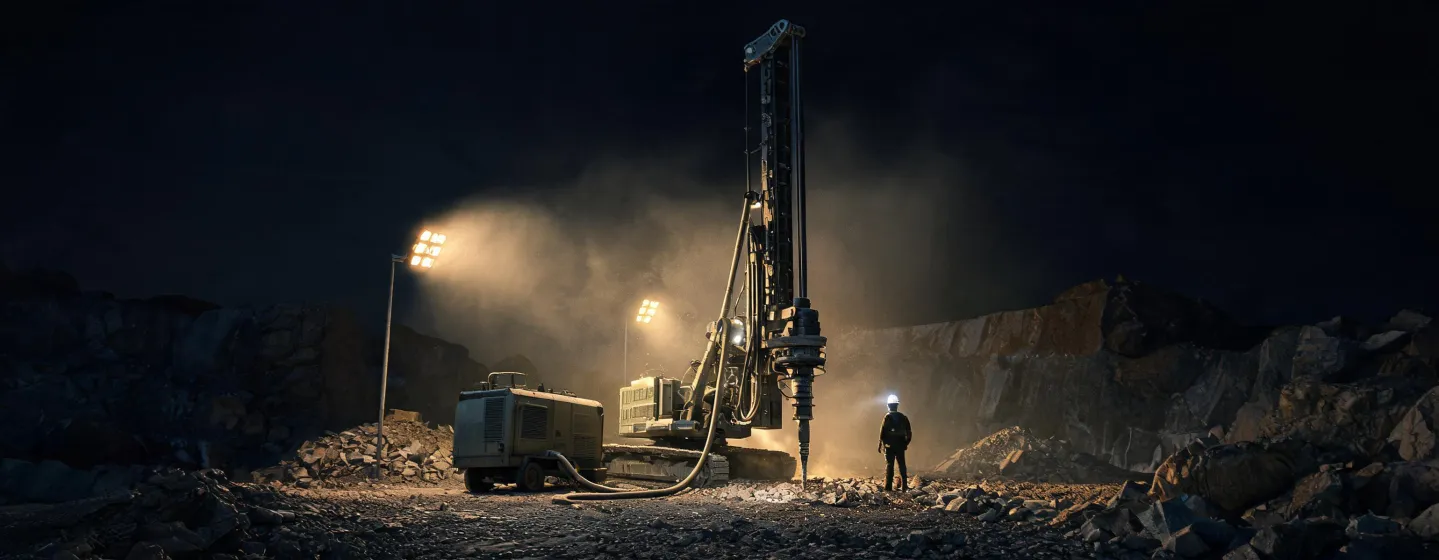 Night quarry drill pad with compressor lights